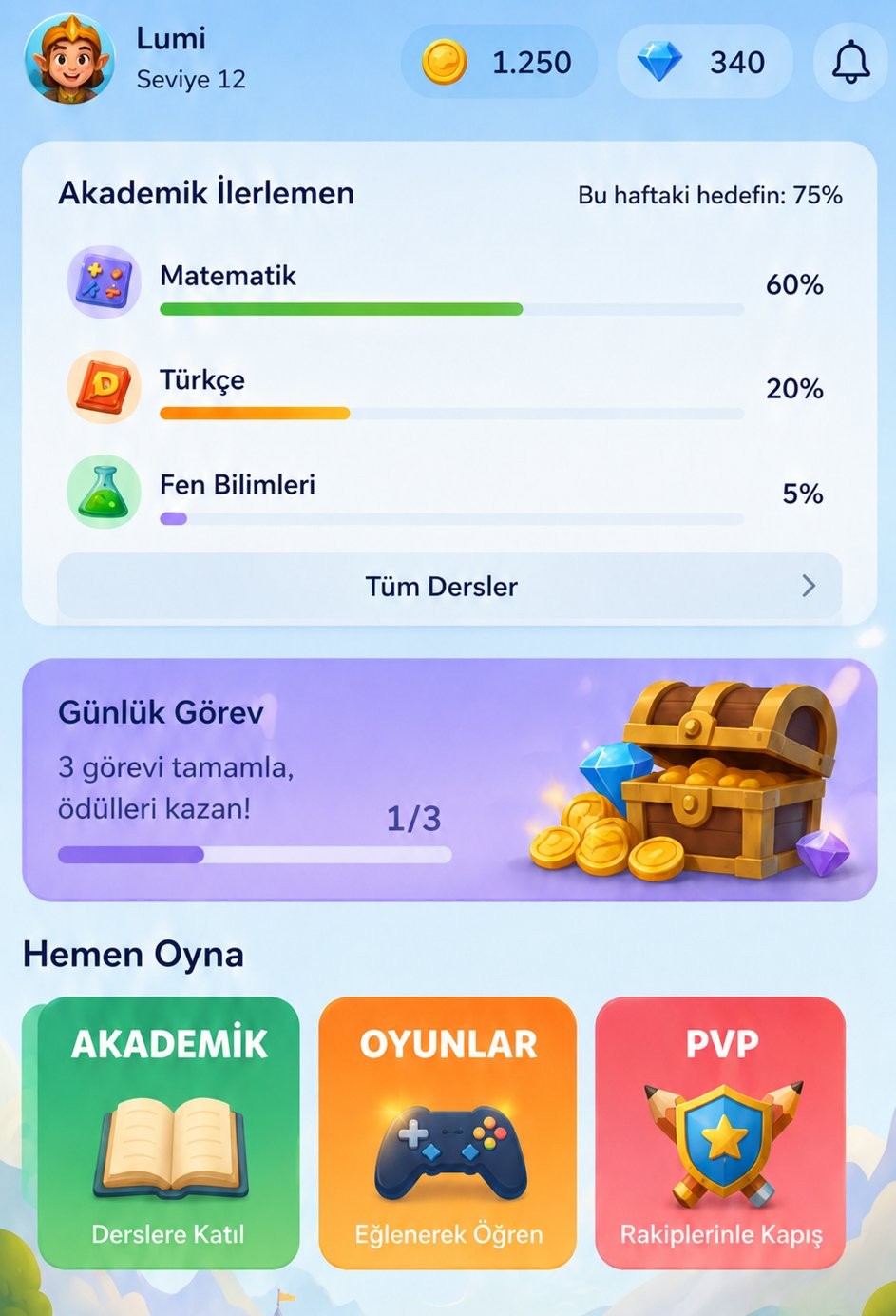 EduBudy ana ekranı — Akademik İlerlemen, Günlük Görev, Oyun Modları