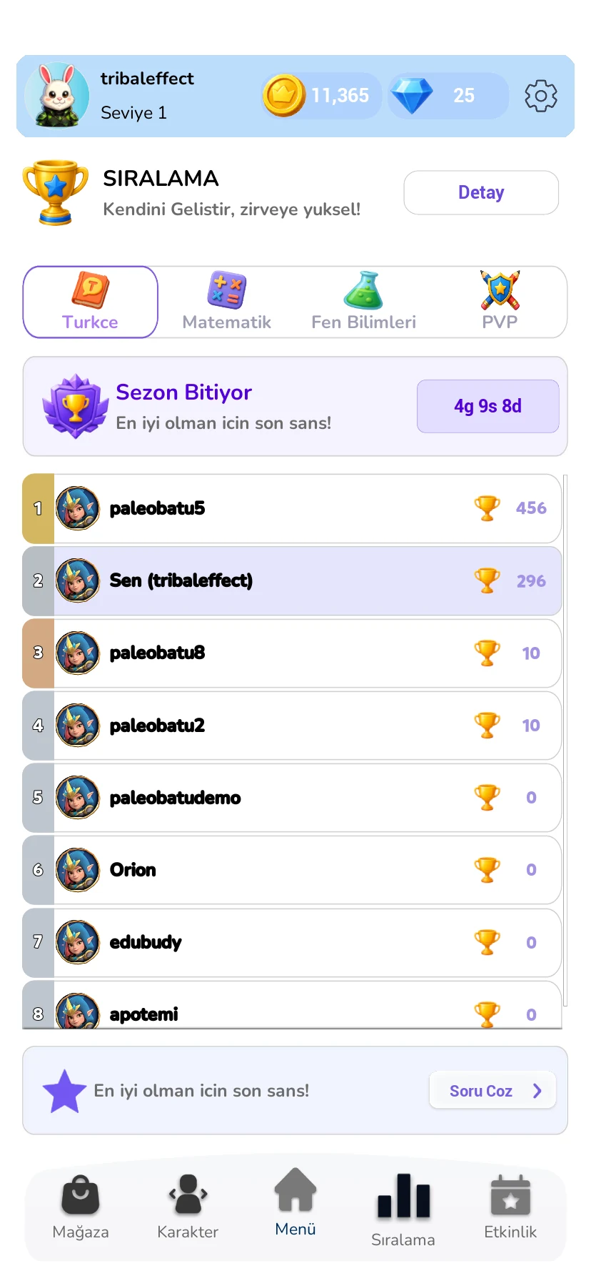 Gerçek EduBudy sıralama ekranında Türkçe, Matematik, Fen Bilimleri ve PvP sekmeleri